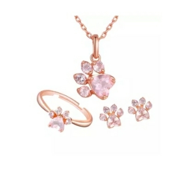 Jewelry - Rose Gold Dog Paw Set Necklace Ring Earrings